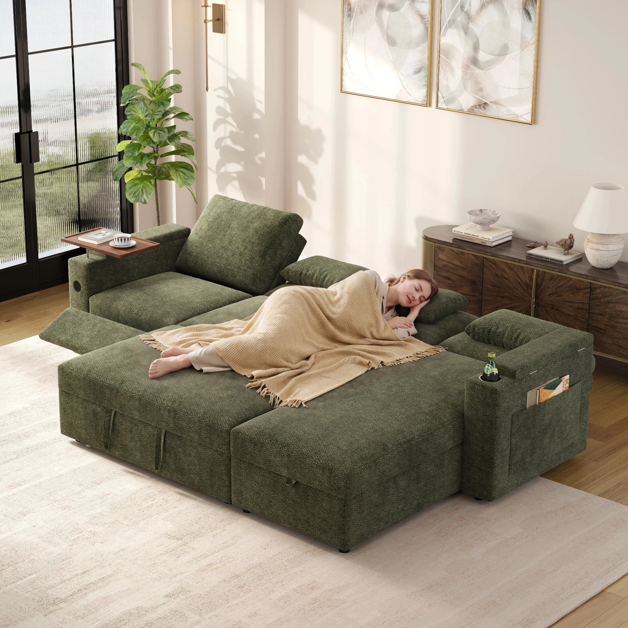 AISWORD 108" 3-in-1 Convertible Pull Out Sofa Bed, 6 Position Adjustable Sleeper Couch with USB Ports, Laptop Table, Cup Holders & Side Storage Pockets, Green