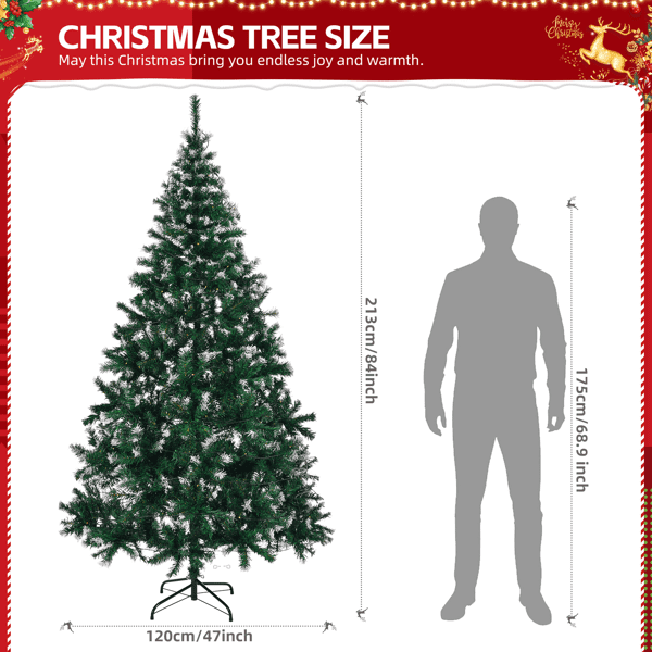 Alvantor 7 ft Snow-Tipped Artificial Christmas Tree with 150 Warm White LED String Lights and Remote, Indoor Christmas Decorations, Green