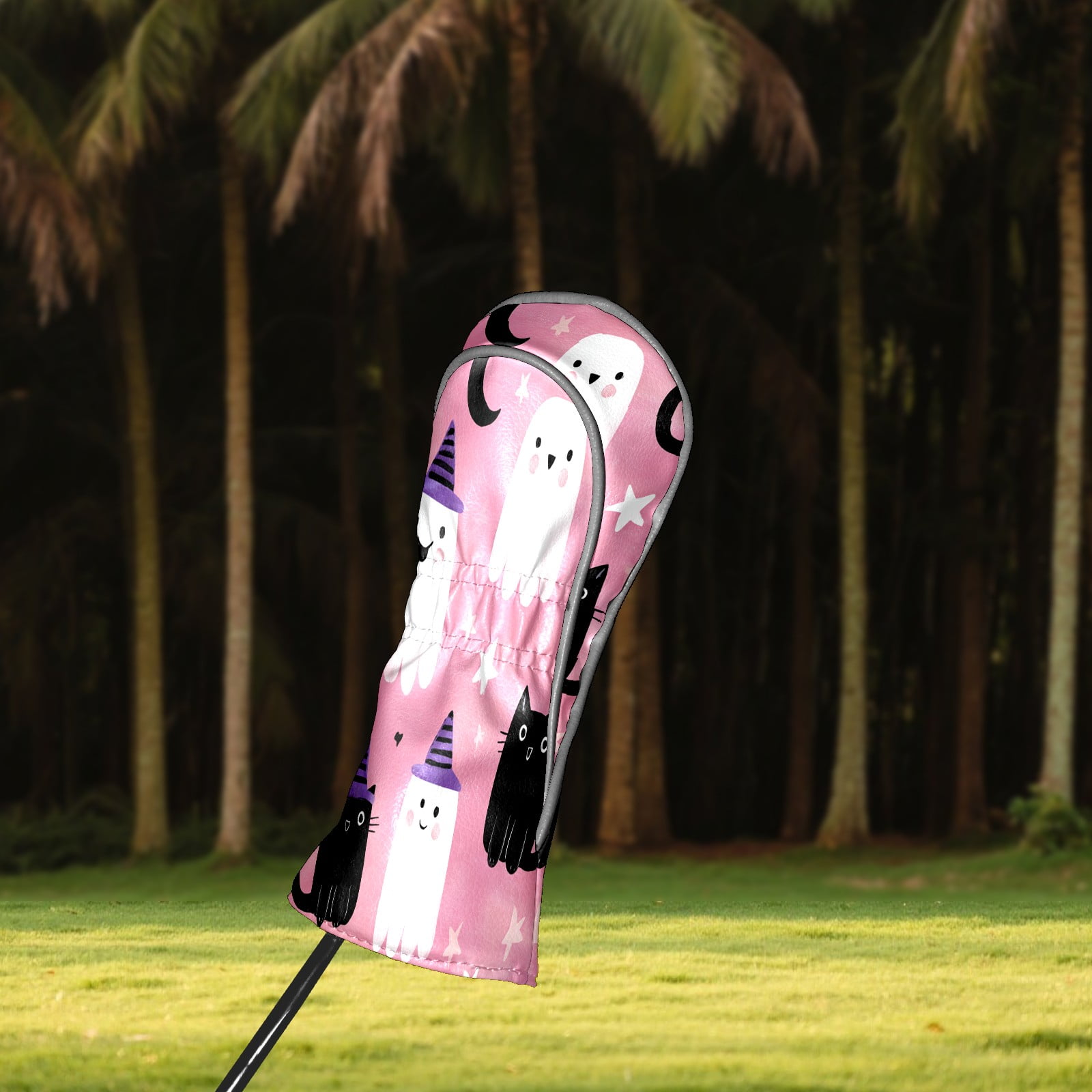 Golf Club Covers, Pink GhostCatMoon Premium PU Leather Driver Hybrid Putter Head Covers with Velvet Lining, Waterproof Golf Gifts for Men Women