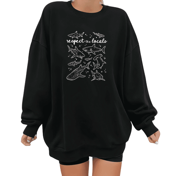 Women's "Respect the Locals" Shark Graphic Breathable Sweatshirt Top Casual Round-neck long-sleeved Black S-3XL