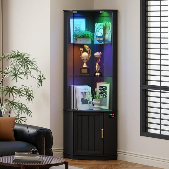 HNEBC 69" Tall Curio Display Cabinet with Glass Door and Movable Shelves,Corner Bookcase with LED Human Sensor Lights,5-Tier RGB Display Case for Collectibles,Bedroom Living Room