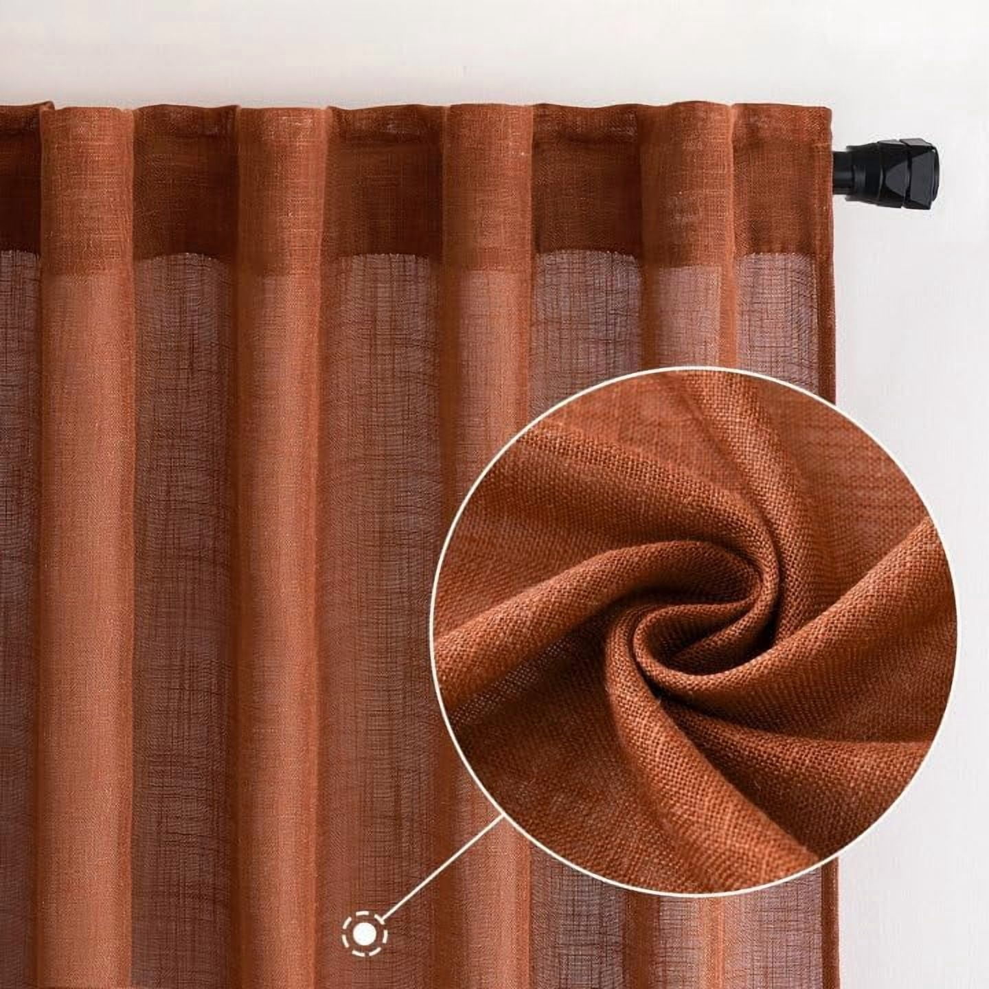 Burnt Orange Linen Curtains 84 Inch Length 2 Panels for Bedroom Living Room, Soft Thick Linen Textured Window Drapes Semi Sheer Light Filtering Back Tab Rod Pocket Burlap Look Fall Decorations