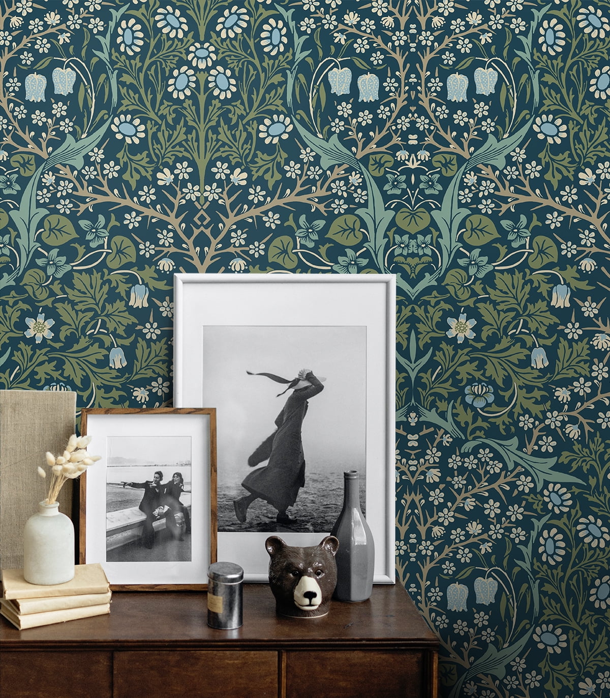 NextWall Prussian Blue & Moss Green Victorian Garden Peel and Stick Wallpaper