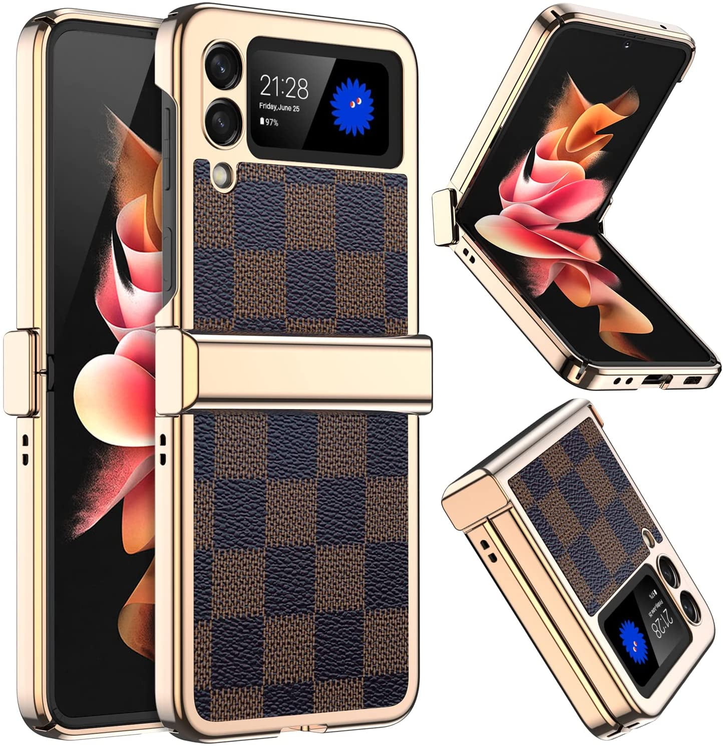 Galaxy Z Flip 3 Case,Samsung Z Flip 3 Cover,Slim Soft TPU Frame and PC Hard  Back Cover with Plated Design Protective Phone Case for Samsung Galaxy Z  Flip 3,Brown Grids Gold 