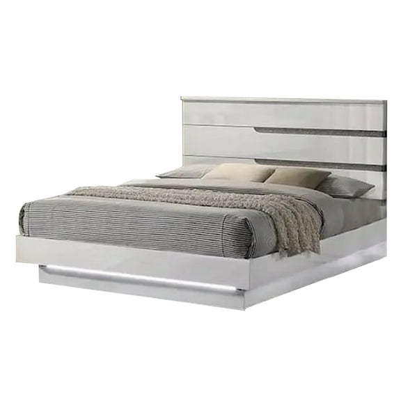 Benjara Peis King Size Bed, LED, Crystal Accents, Modern Design, Glossy White