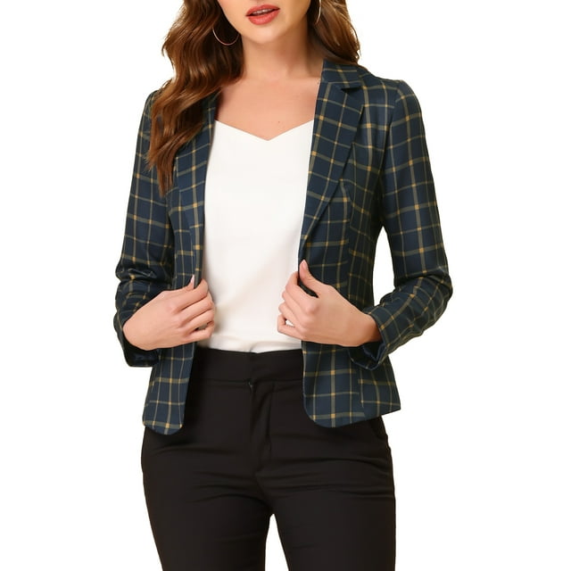 INSPIRE CHIC Women's Fitted Blazer Notch Lapel Printed Open Front Work Suit Jacket L Dark Blue-Grid