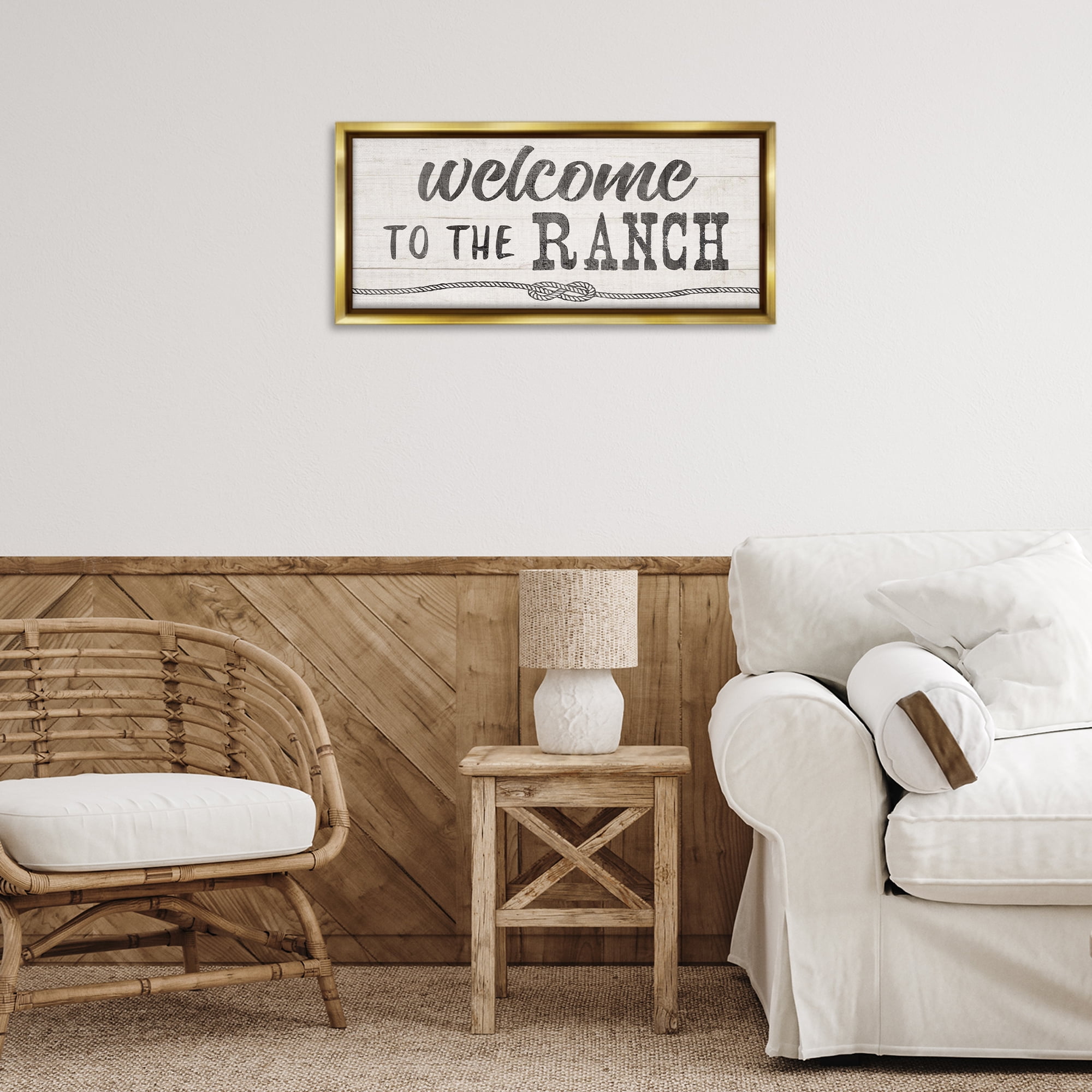 Stupell Industries Welcome to Ranch Rustic Text & Numbers Painting Gold Floater Framed Canvas Art Print Wall Art, 25 x 11