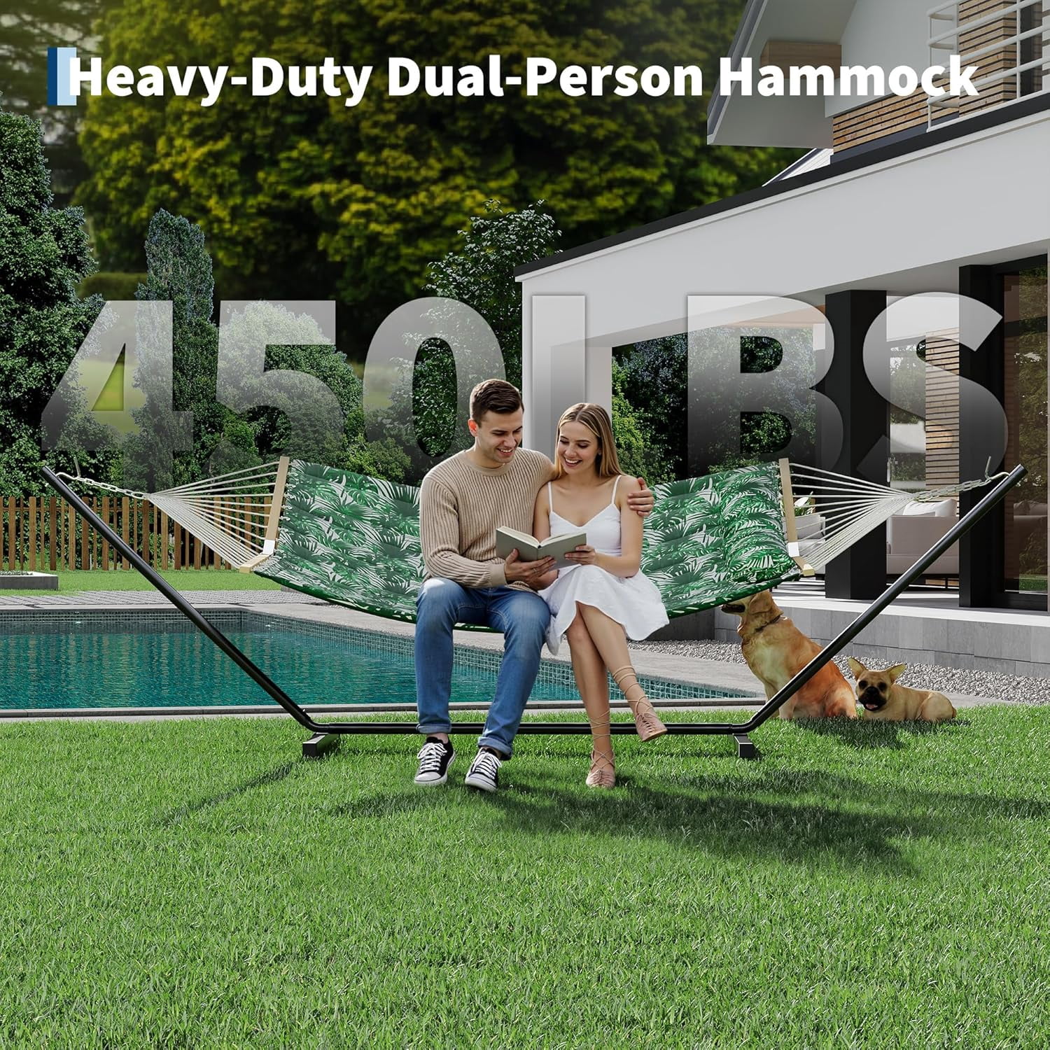 2 Person Outdoor Hammock with Stand, Heavy Duty Portable Double Hammock with Balance Rope, MAX 450 LBS Capacity for Patio, Backyard, Garden, Beach