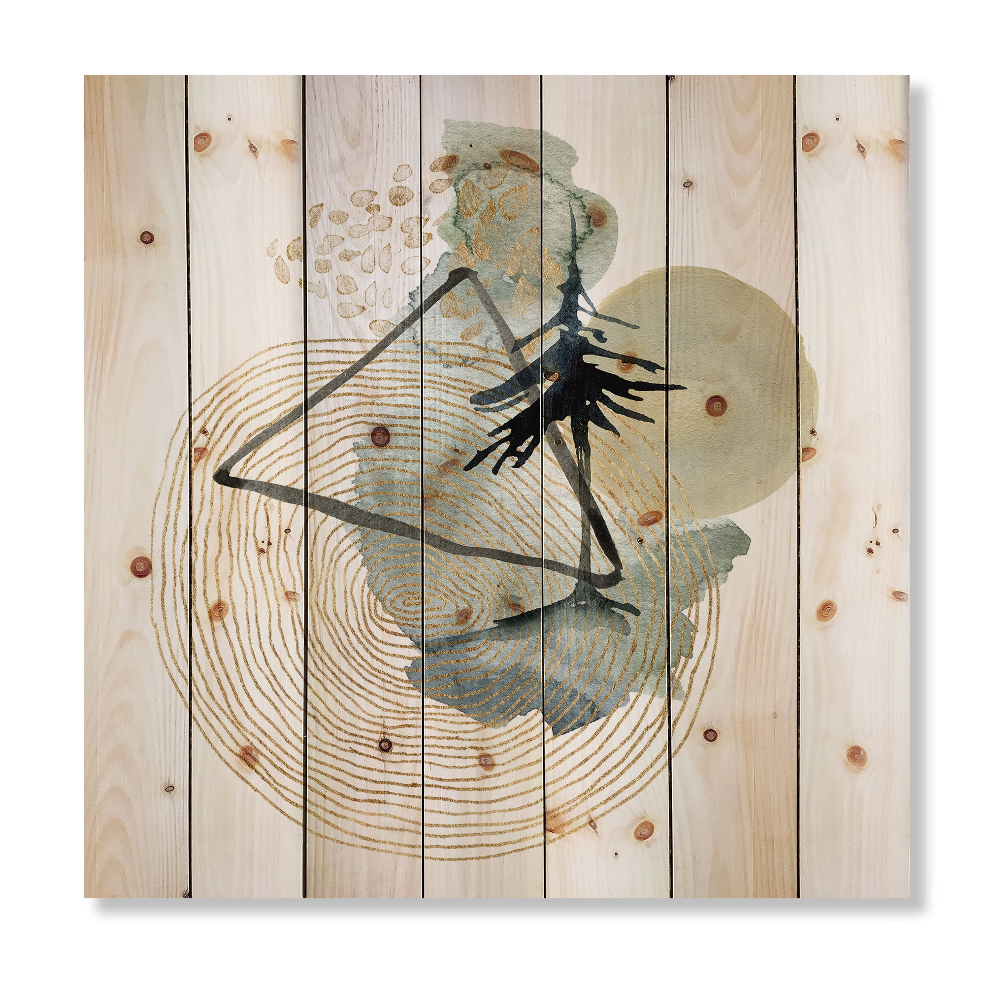 Designart 'Abstract Landscape Of Mountains Tree and Moon' Mid-Century Modern Print on Natural Pine Wood