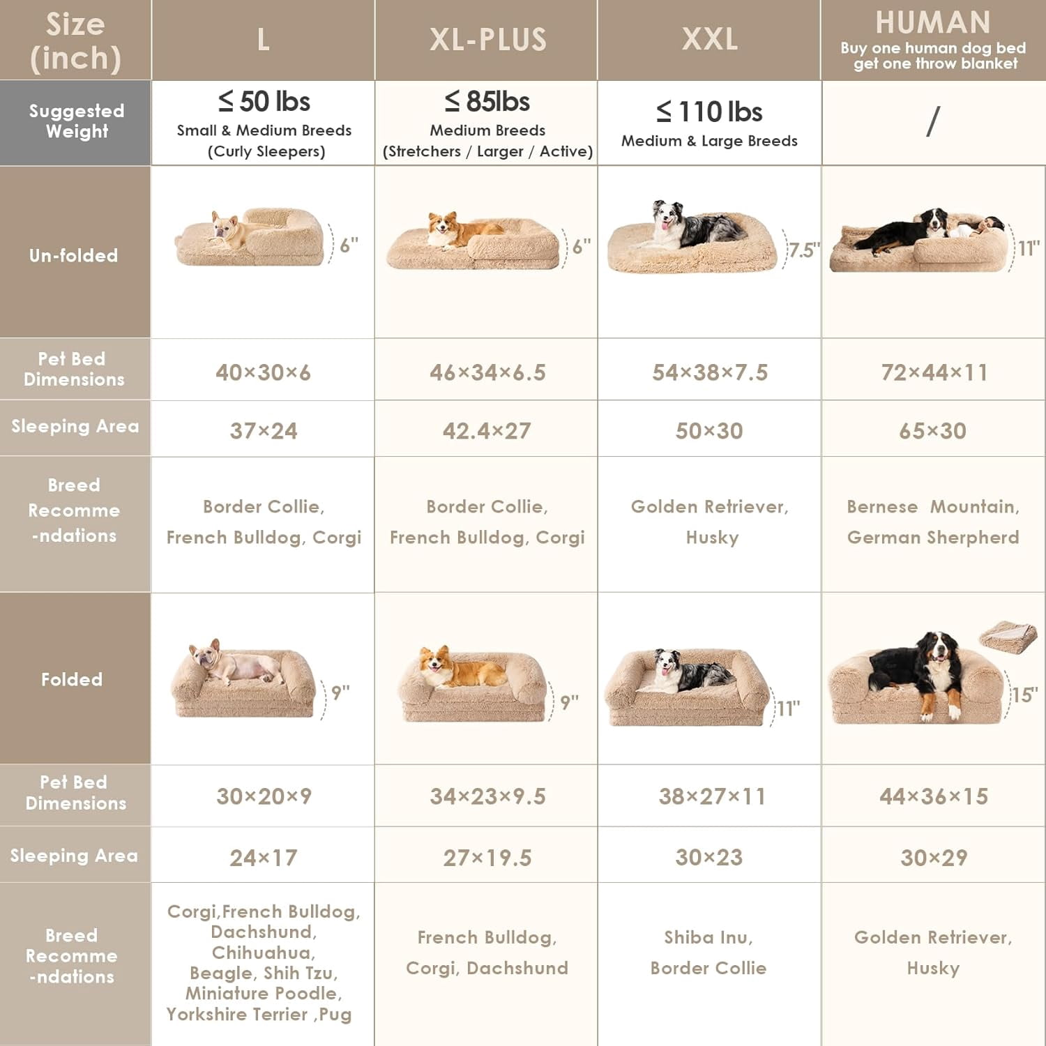 Foldable XXL Dog Bed for Large Sized Dog, 54"x38"x7.5" Faux Fur Fluffy Pet Couch Bed, Orthopedic Calming Memory Foam Big Pet Bed, Washable Pet Sofa Bed with Non-Slip Bottom, Camel