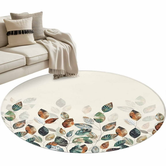 Teal Brown Botanical Round Area Rug 3 FT, Small Kitchen Bathroom Mat, Pastoral Fall Leaf Washable Indoor Outdoor Throw Runner Carpet Non-Shedding Doormat for Table Shower Sofa Entryway
