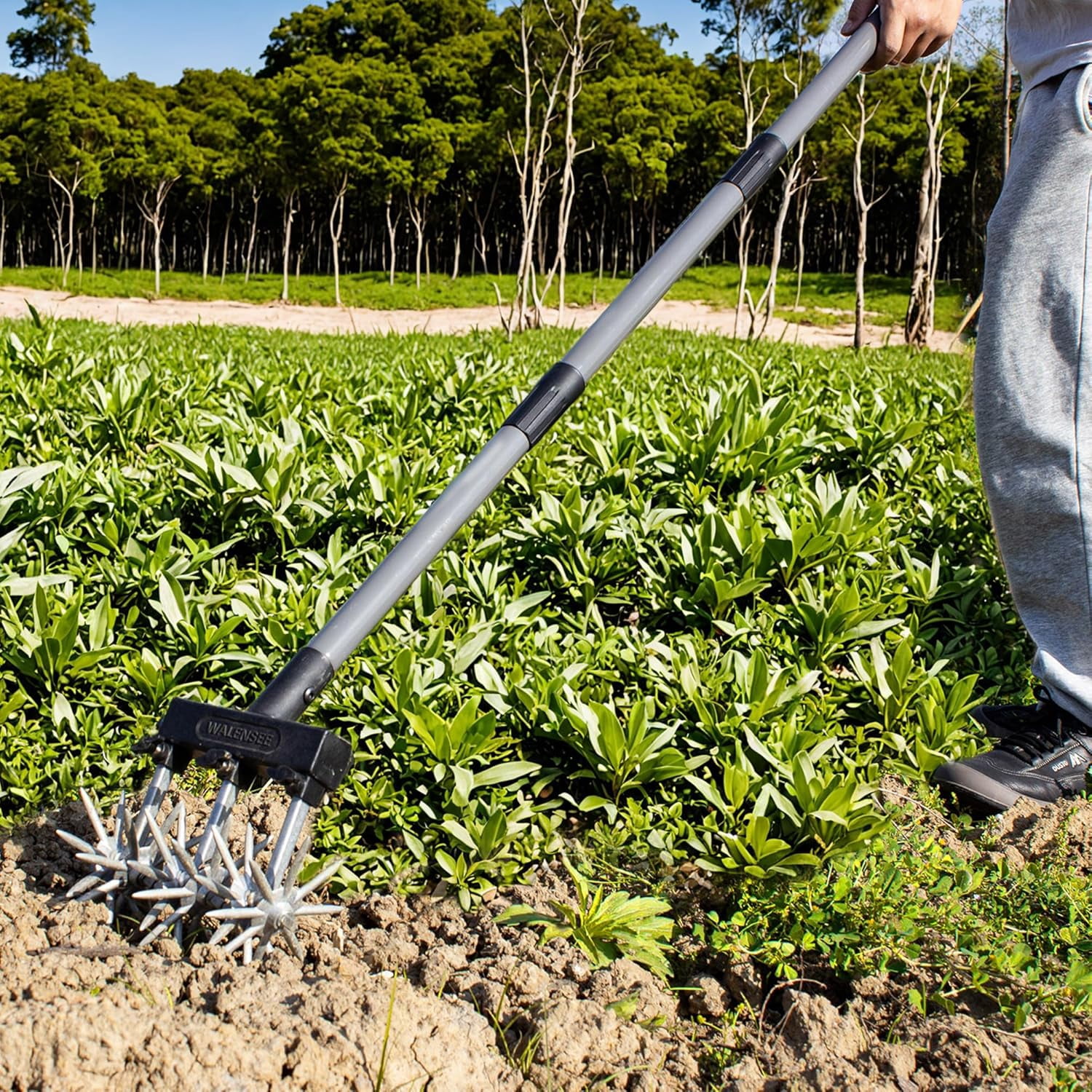 Walensee Rotary Cultivator Garden Tool – Adjustable Hand Tiller for Gardening & Lawn Care with Rustproof Aluminum Blades, Telescopic Handle, Lightweight Nylon Base – Soil Aerator & Grass Reseeder
