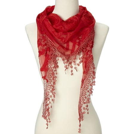 - Lightweight Triangle Floral Fashion Lace Fringe Scarf Wrap for Women