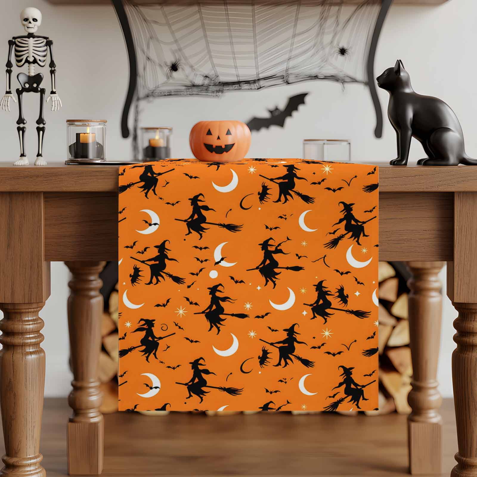 Table Runner Halloween Witch Moon on Orange Dresser Scarves 13x90 Inch Linen Table Runners Scary Bats Seamless Tablerunner for Home Dining Indoor Outdoor Wedding Party Tabletop Decor