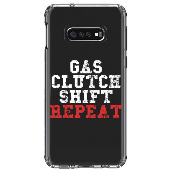 DistinctInk Clear Shockproof Hybrid Case for Samsung Galaxy S10e (5.8" Screen) - TPU Bumper Acrylic Back Tempered Glass Screen Protector - Gas Clutch Shift Repeat