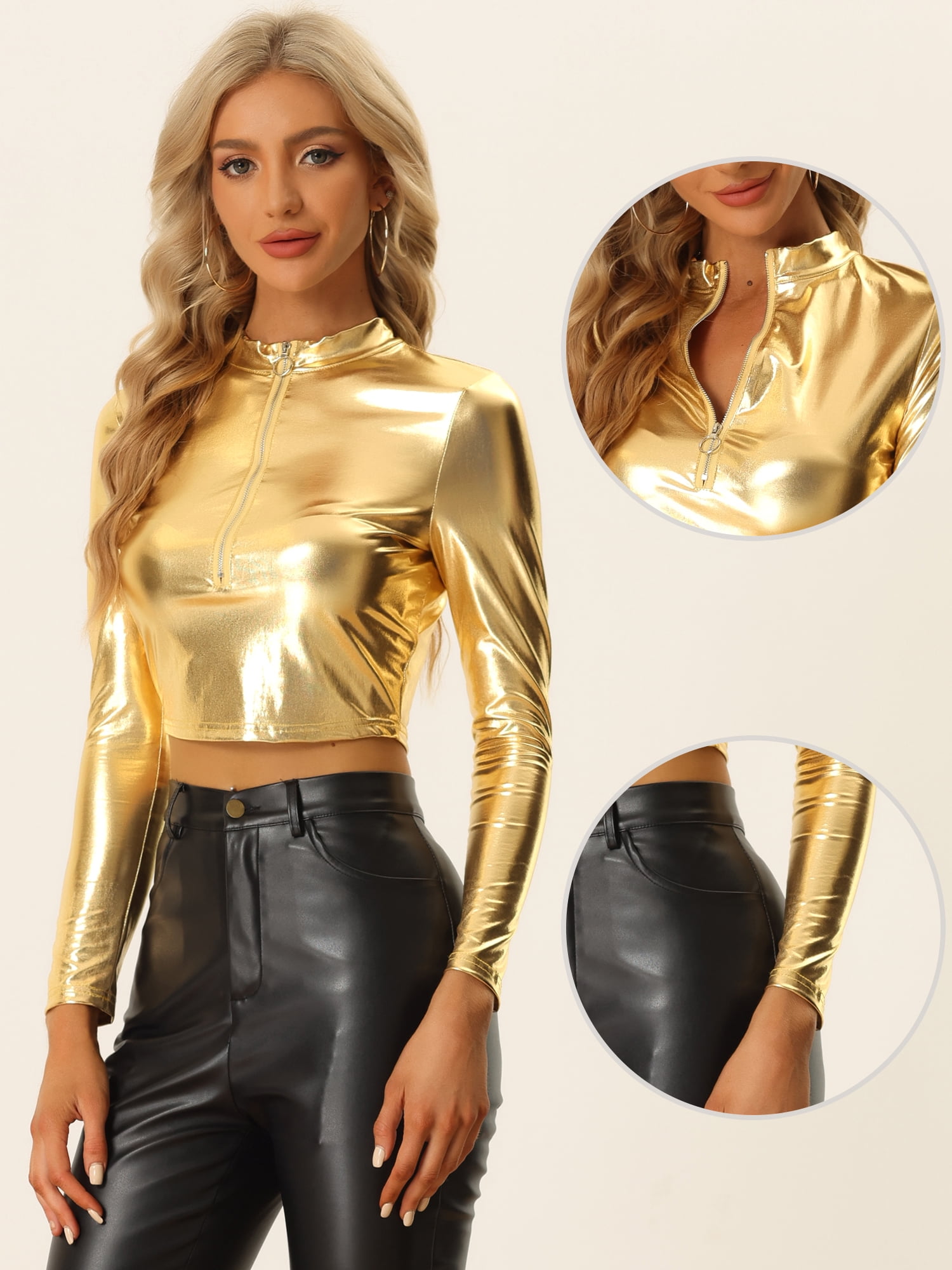 DARING DIVA Women's Metallic Crop Top Long Sleeve Shiny Tops XL Gold
