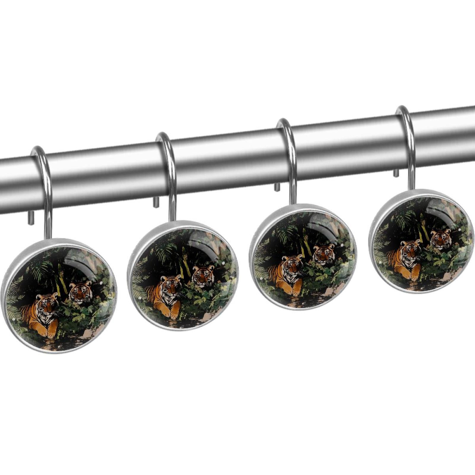 Tigers Laying on Forest Shower Curtain Hooks Round Crystal Glass, Set of 12 Shower Curtain Rings - Shower Hooks for Curtain Shower Rings
