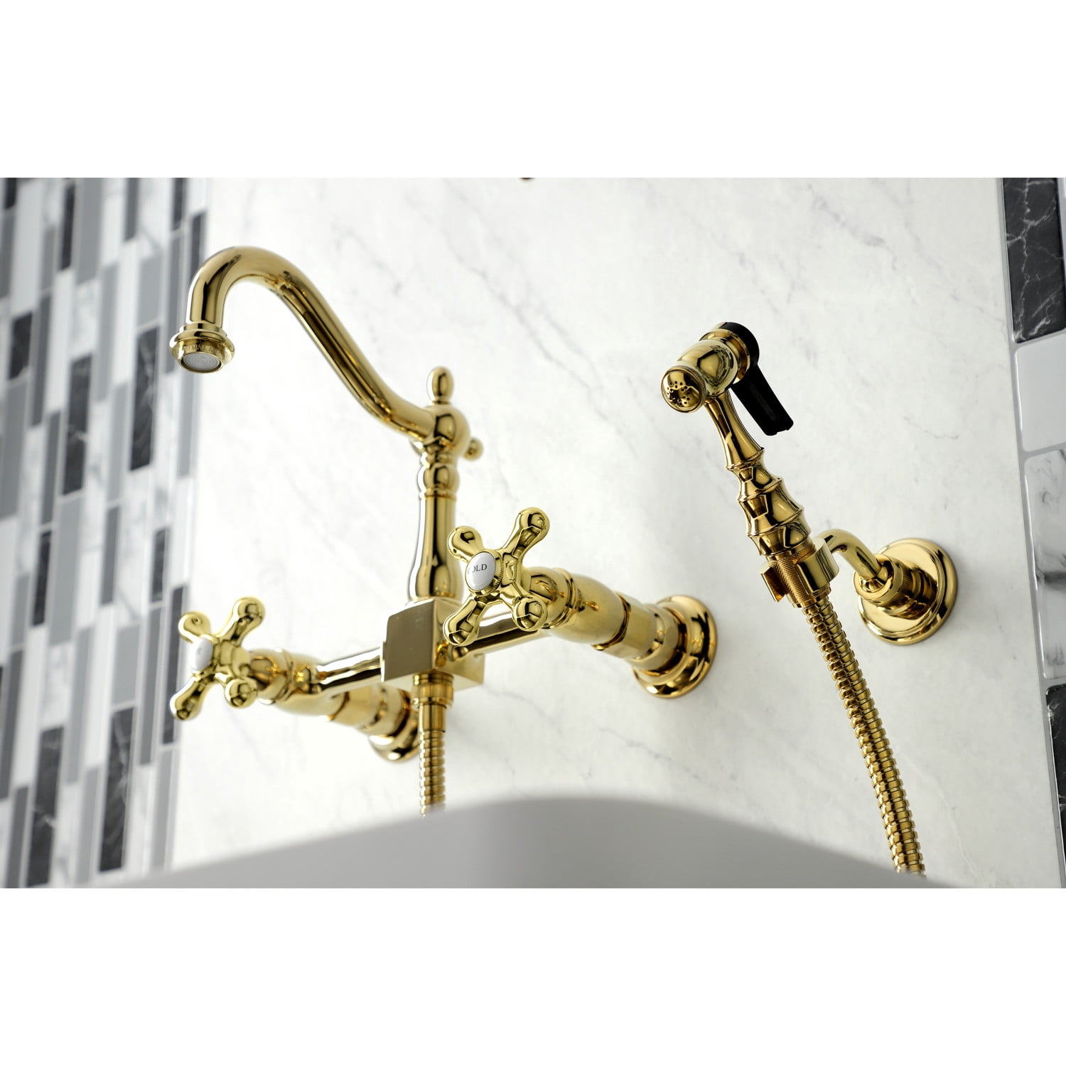 Kingston Brass KS1262AXBS Heritage Wall Mount Bridge Kitchen Faucet with Brass Sprayer, Polished Brass