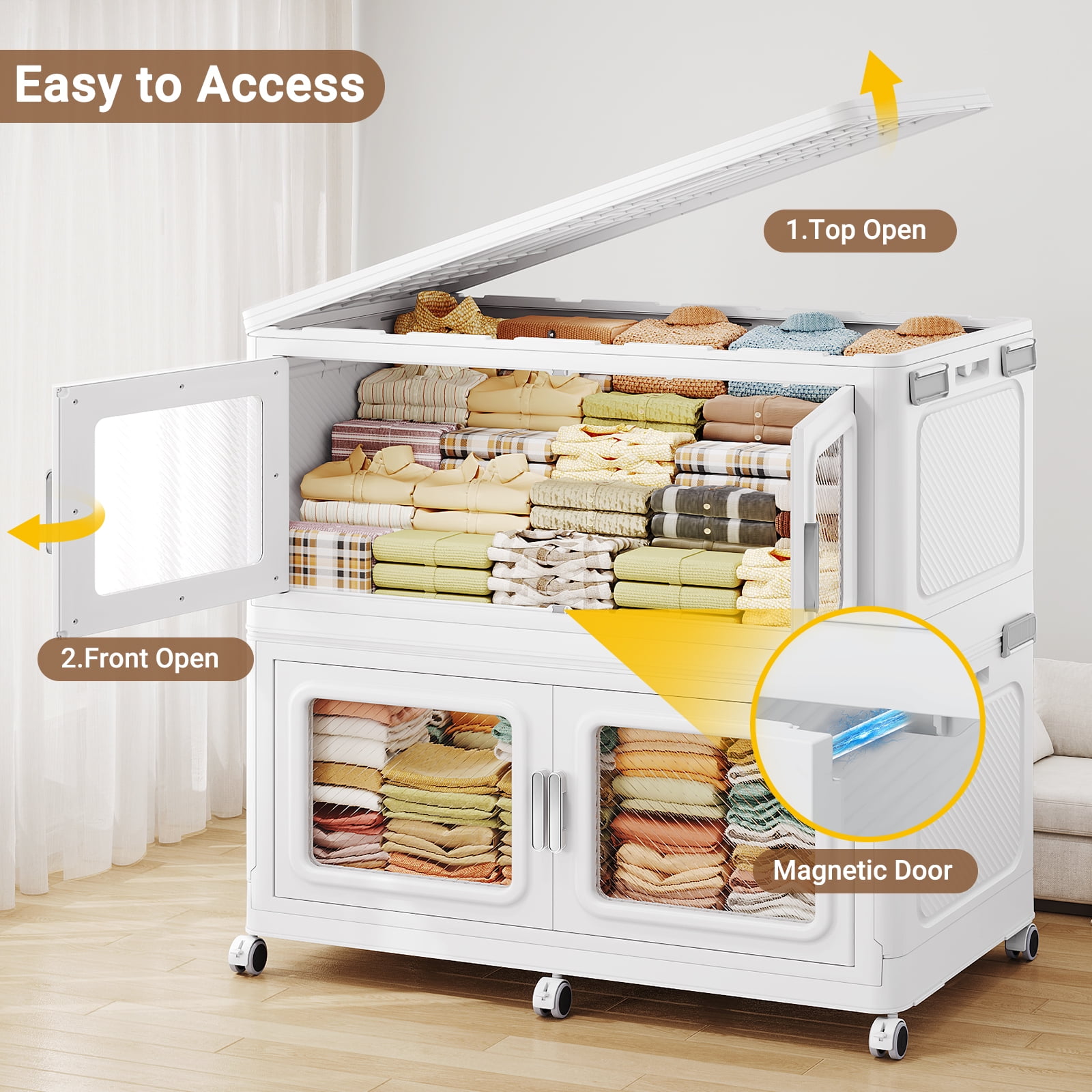 360 Qt Extra Large Stackable Storage Bins with Lid, 90Gal Collapsible Closet Organizer and Storage Drawers with Wheels, Plastic Storage Box for Closet Clothes Organization,White