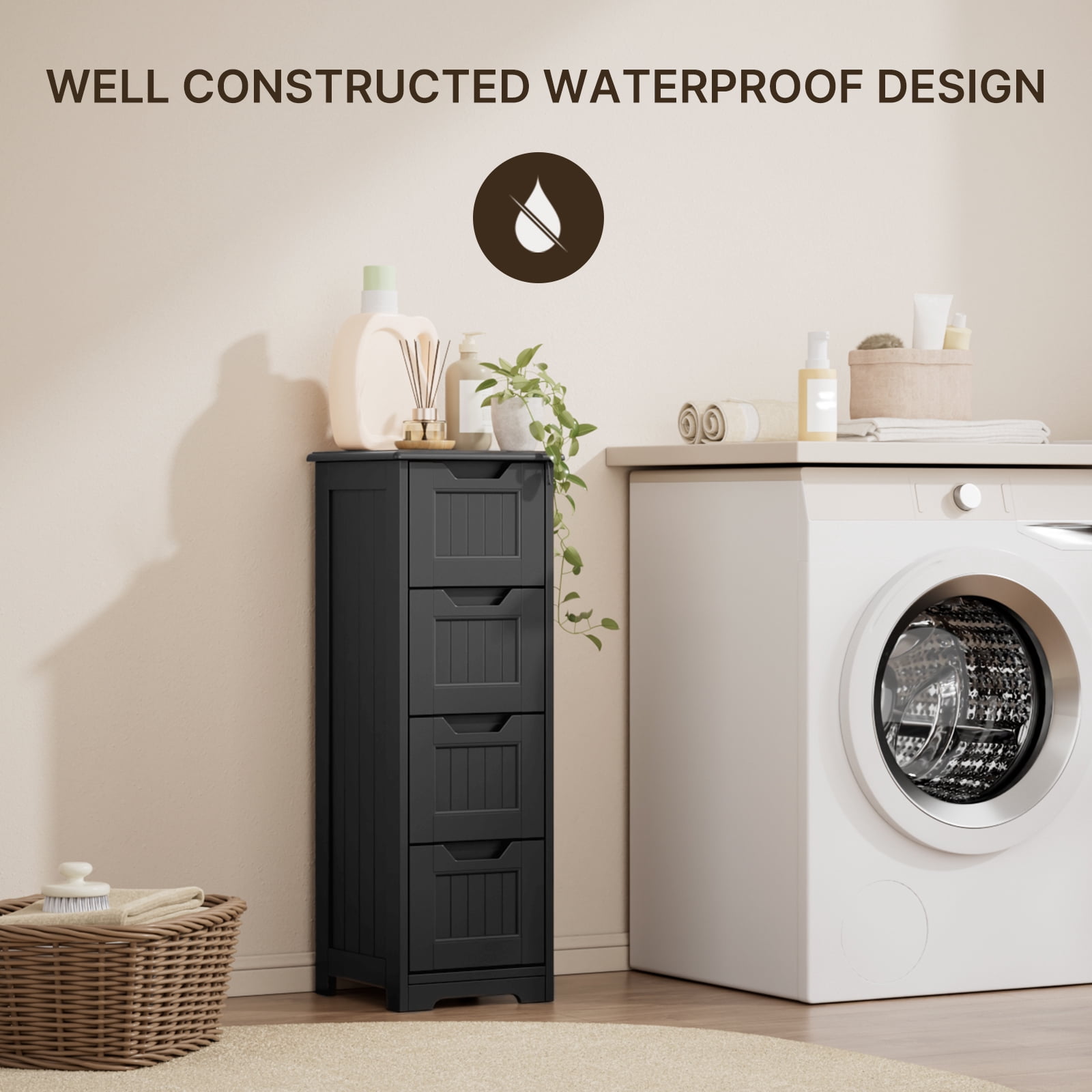 Noelse Bathroom Floor Cabinet Wooden Storage Cabinet with 4 Drawers Free-Standing Cabinet for Hallway Living Room and Bathroom, Black