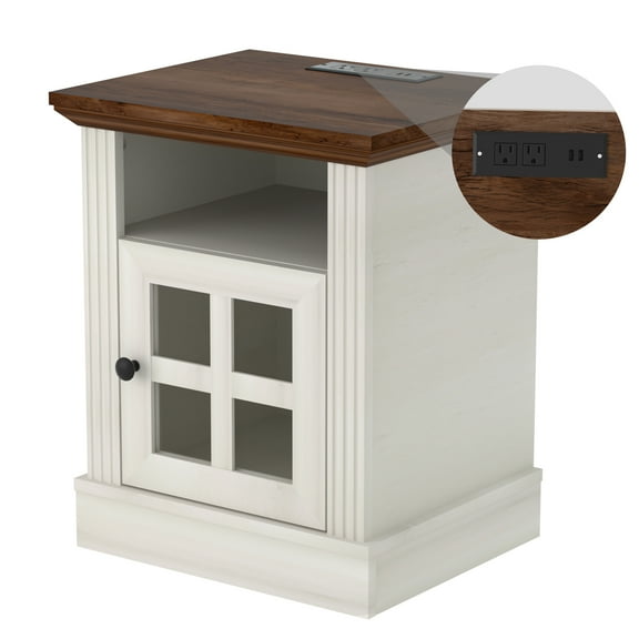 AHB End Table with Charging Station, Nightstand w/Tempered Glass Storage, Bedside Table with USB Ports and Outlets, Side Table Rustic Wood for Living Room, Bedroom, Office