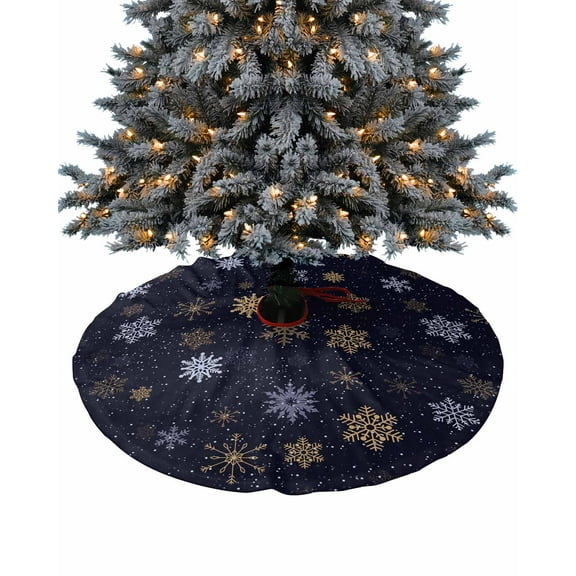 Navy Blue Yellow White Christmas Christmas Tree Skirt 48 Inches Large Christmas Skirt Tree, Xmas Snowflake Winter Tree Skirt Christmas Decorations for Fireplace Party Holidays Indoor Outdoor