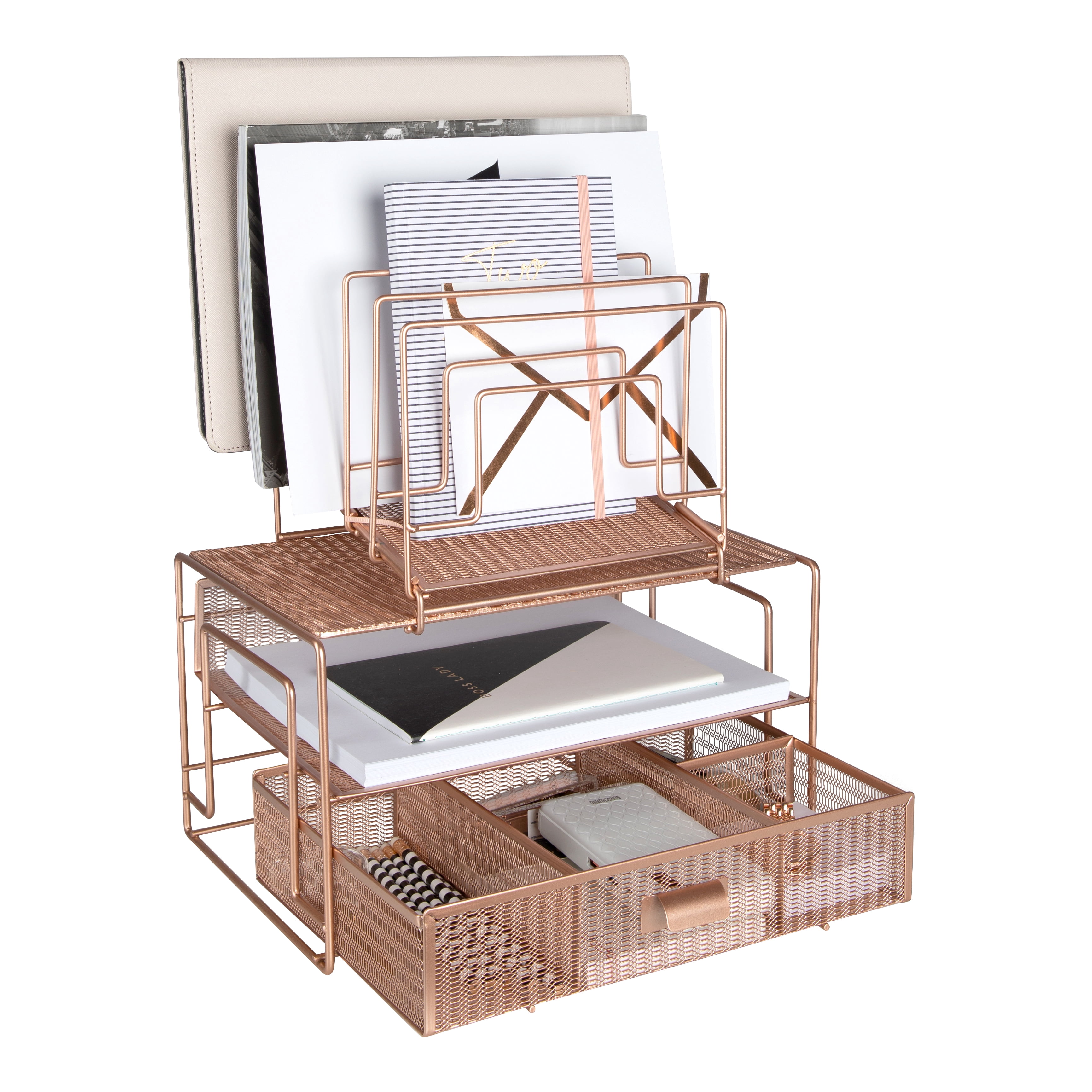 Blu Monaco Workspace Rose Gold Desk Organizer and Accessories Desktop Rack with File sorters and Drawer for Office Supplies, Paper, Device and Folder