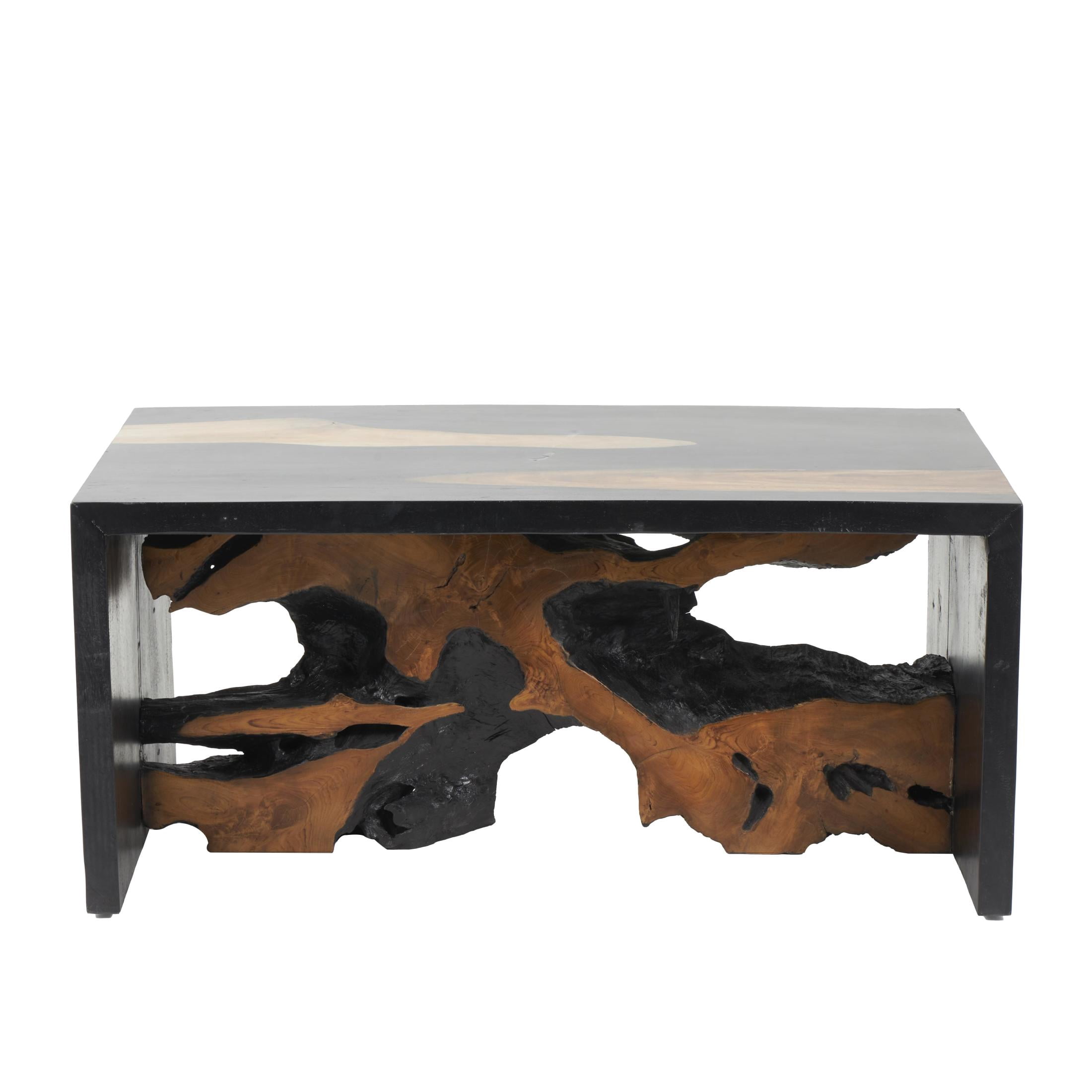 DecMode 43" x 20" Black Wood Handmade Block Coffee Table with Brown Live Edge Wood Interior, 1-Piece