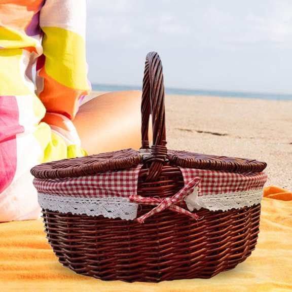 Cesta de picnic, cesta de almacenamiento, cesta para servir, cesta de playa, rural, con forro lavable, cesta de almacenamiento de mimbre portátil para 40x30x20cm