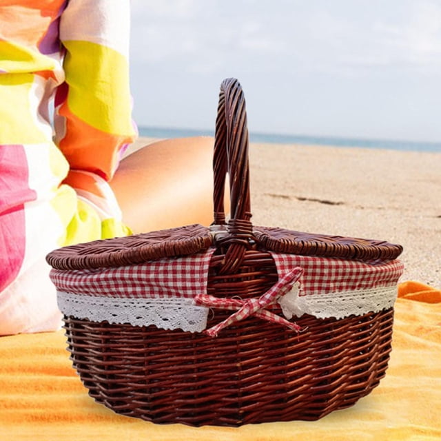 Cesta de picnic para playa, práctica, con forro lavable, cesta rústica tejida de mimbre 40x30x20cm