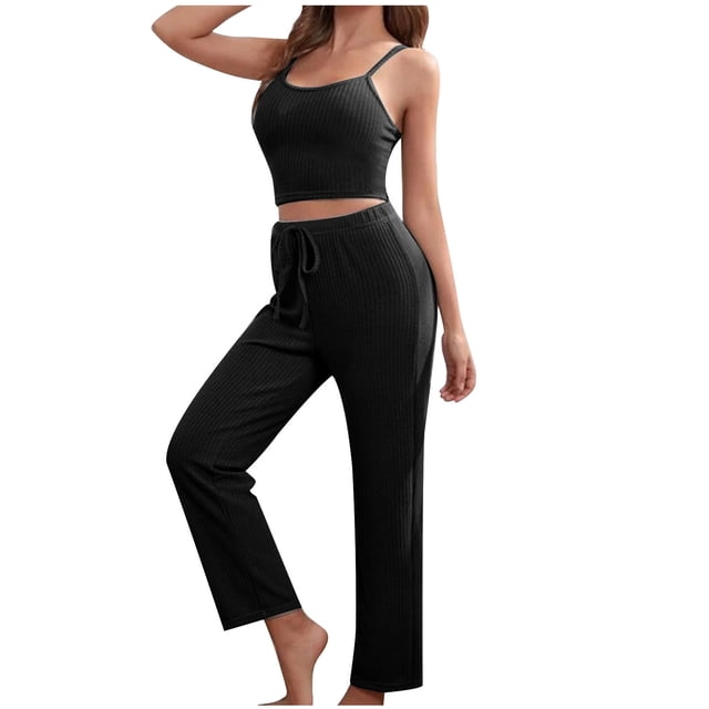 XZNGL Womens Home Wear Casual Solid Color Knitted Suspender Top, Pants, Robe, Pajamas, Three Piece Set
