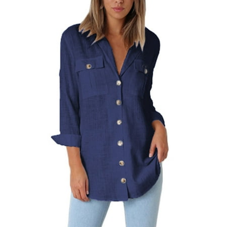 - Womens Linen Tops T-Shirts Button Down Blouses Long Sleeve Shirts Casual Loose Lapel V Neck Pocket Plain Clothing