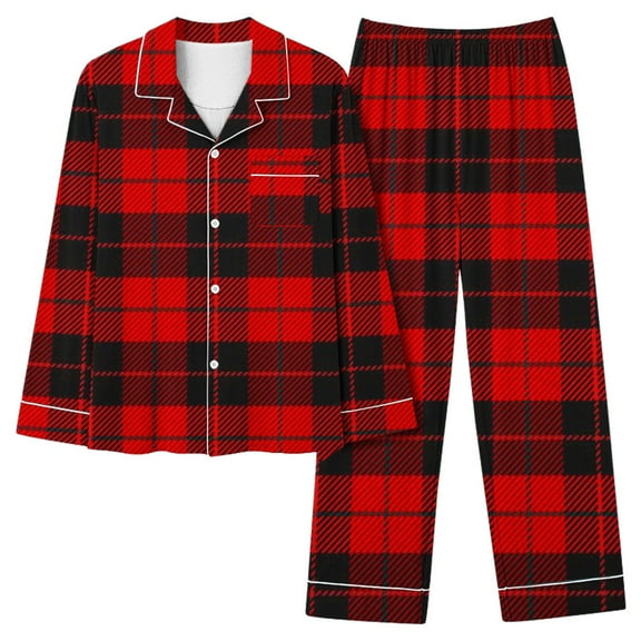 Tnhcen Women's Casual Christmas Red Plaid Printing Pajama Set V-Neck Long Sleeve Button Up Top and Casual Pants Pjs Set Fashion Nightwear Lounge wear Home Clothes S-2XL