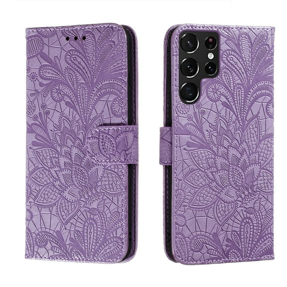 For Samsung Galaxy S22 Ultra 5G Lace Flower Leather Phone Case with Holder & Card Slots & Wallet &