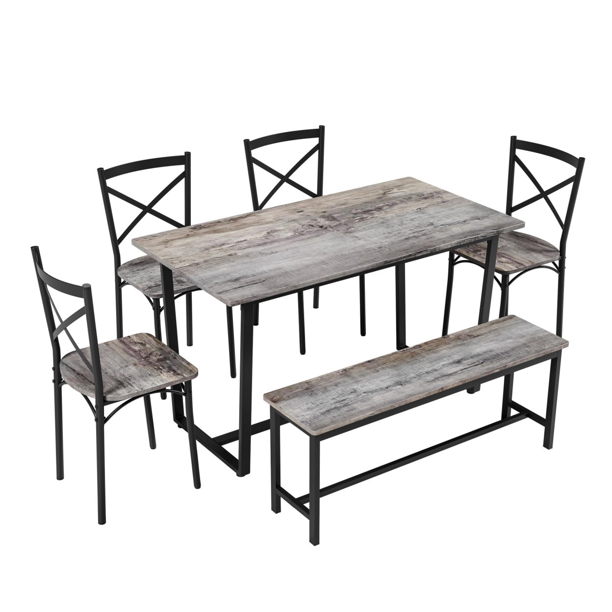 6 Piece Dining Table Set with 4 Chairs and Bench, Kitchen Table Set for 6, Industrial Dining Room Furniture with Metal Frame for Breakfast Nook, Living Room, Gray