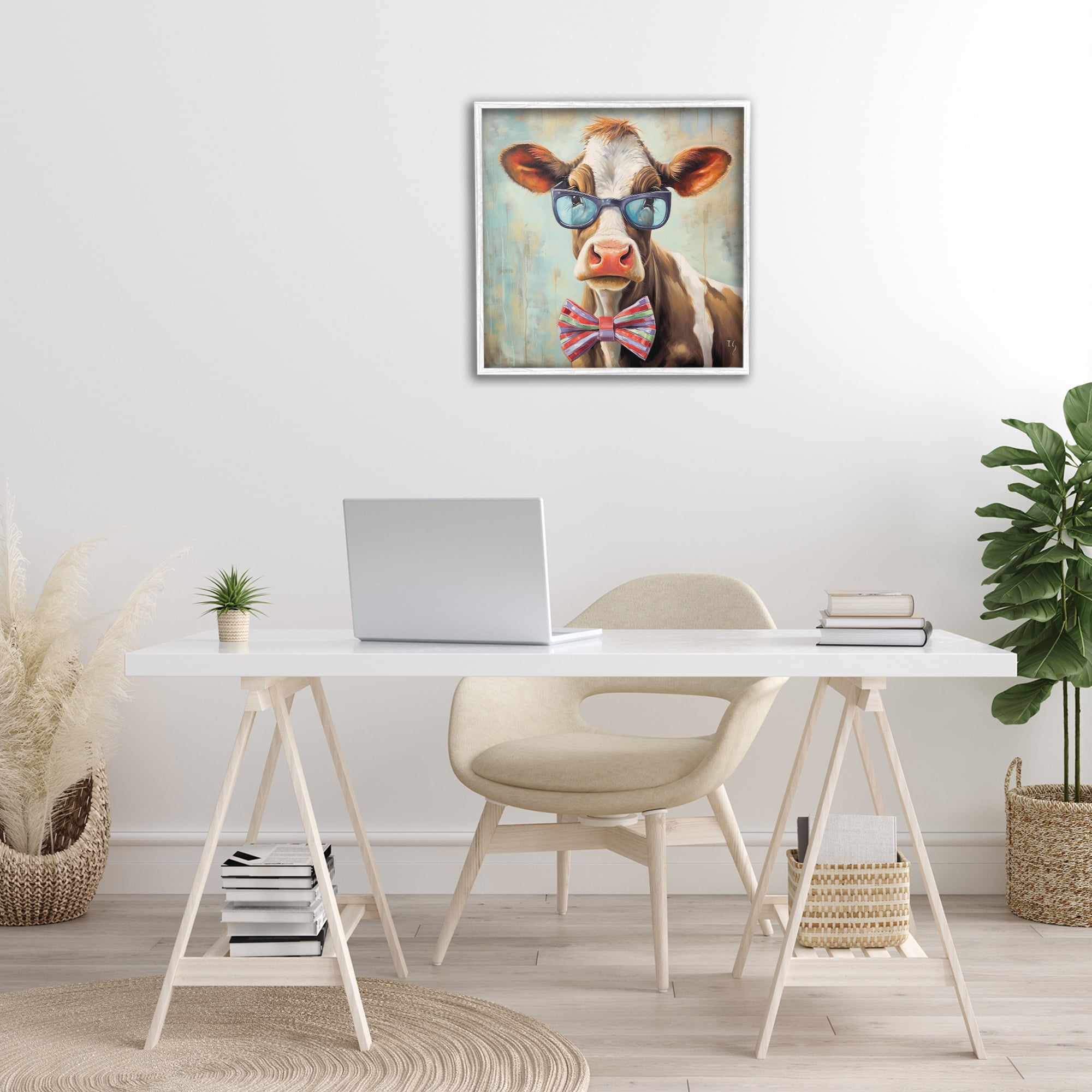 Stupell Industries Hipster Cow with Bowtie Animals & Insects Painting White Framed Art Print Wall Art, 24 x 24