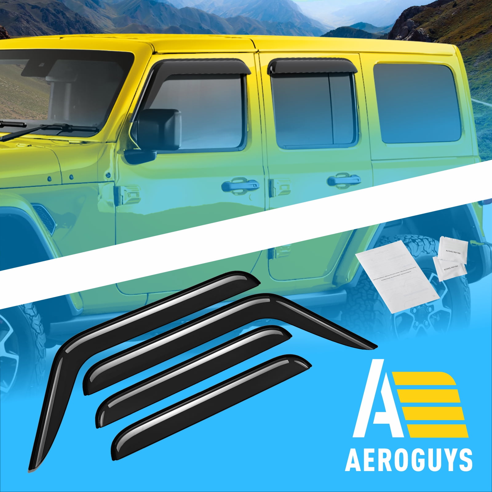 AEROGUYS Tape-On Window Deflectors Extra Durable Window Visors Rain Guards Fit for Jeep Wrangler 2018-2026 JL/Gladiator 2020-2026,Sun Visors, Wind Deflectors,Vent Visors,Car Accessories - 4pcs AG0085