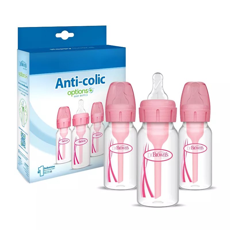 Anti-Colic Narrow Baby Bottles, 4 fl oz/3 Pack, Pink, Level 1 Slow Flow Silicone Nipples, BPA-Free Infant Feeding Bottles, Newborn Baby Bottles, Leak-Resistant Design