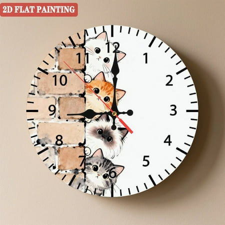 Wooden Wall Clock with ute Multi-Cats Peeking from Brick Wall Pattern, Silent Movement, Battery Operated (AA Batteries Not Included), Artistic Home Decor, 10Ă10inch (25Ă25cm)