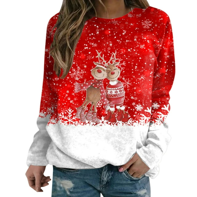 Sweatshirt Women de Noël à Manches Longues, Cardigan Imprimé, Veste Mi-Longue Pullover, Col Rond, Chaud, Pull de Vacances, Xmas Outwear