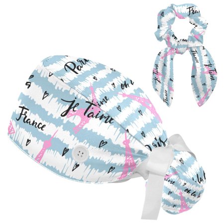 

Working Cap with Buttons and Sweatband Scrub Hat Bouffant Caps with Scrunchie Eiffel Tower Tie Back Hats