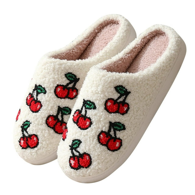 Wdhugt Warm Winter Couple Slippers Fruit Pattern Soft Fleece Inside Thick Sole Flock Upper Material Plastic Bottom Us Size 5.5