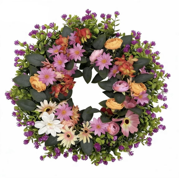 Spring Wreaths for Front Door 15.7 Inch Artificial Summer Wreath with Colorful Silk Flowers for Home Farmhouse Indoor Outdoor Wall Décor