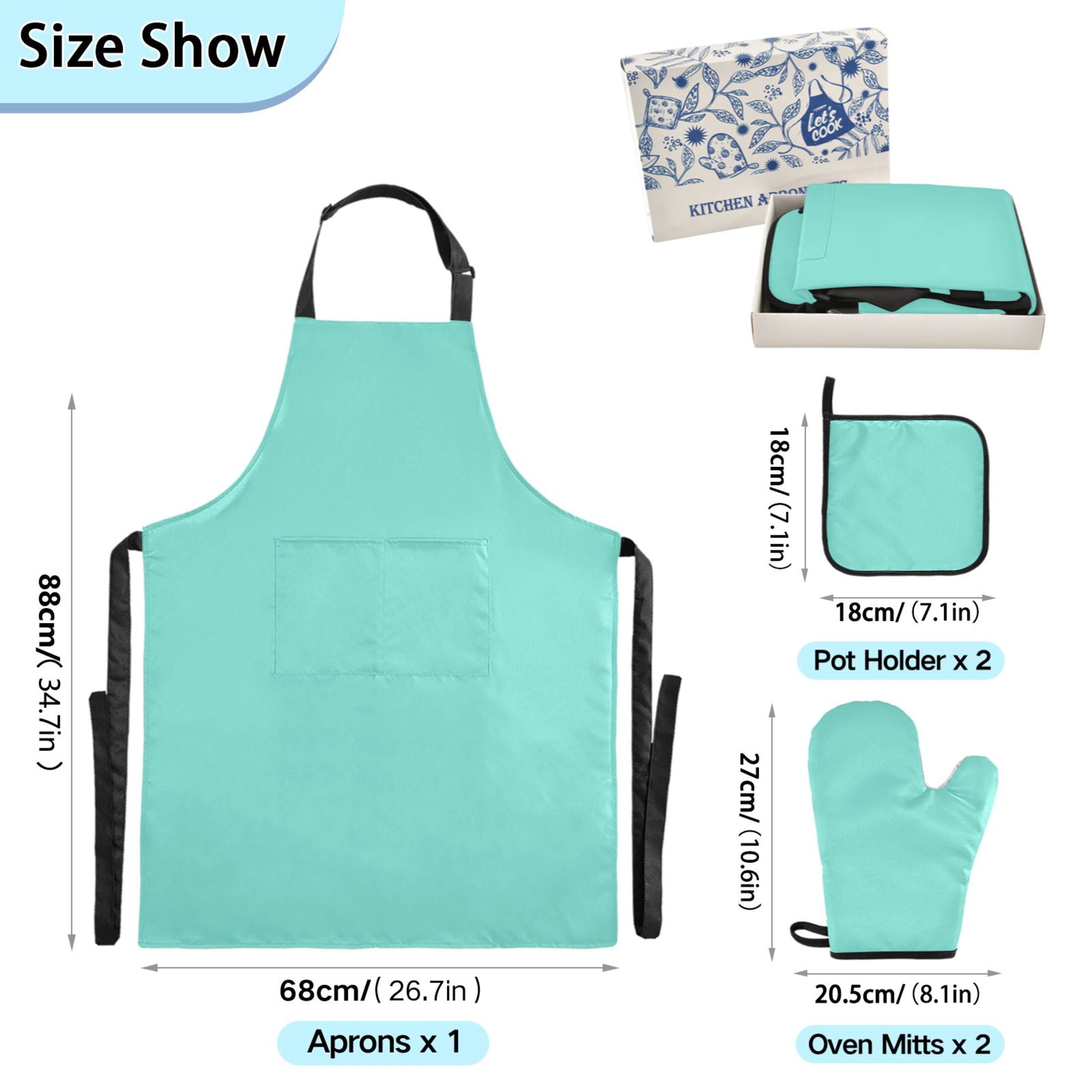 Calamine Blue 5 Pcs Kitchen Set Heat Resistant Oven Mitts and Non-Slip Pot Holders with Adjustable Cooking Apron