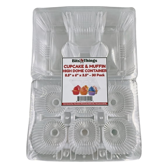 Bits N Things Cupcake/Muffin Container | 6 Compartment | Hinged High Dome | BPA Free | OPS Plastic | 30 Count
