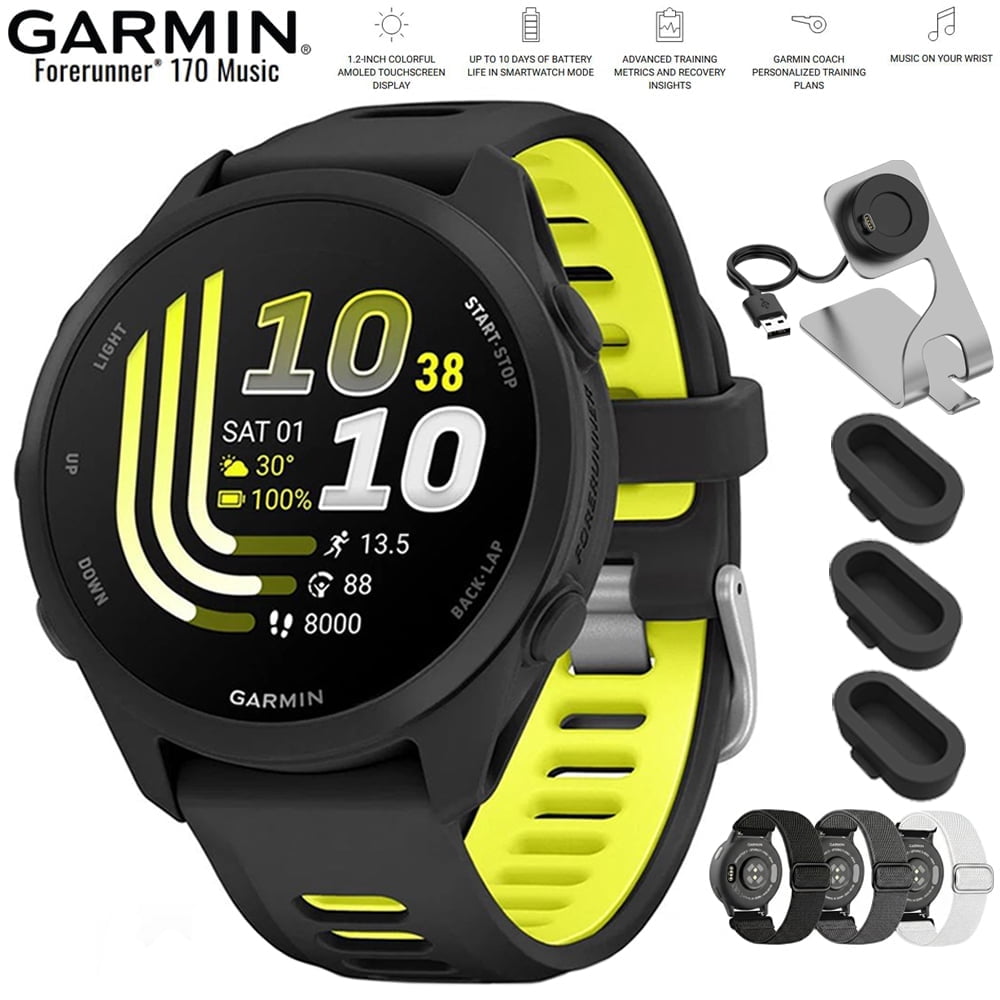 Garmin Forerunner 170 Music Black/Amp Yellow 010-03920-10 Bundle with Deco Essentials Nylon Elastic Bands 3 Pack, Deco Essentials Charging Dock and Silicone Dust Cover for Garmin Watch 3 Pack