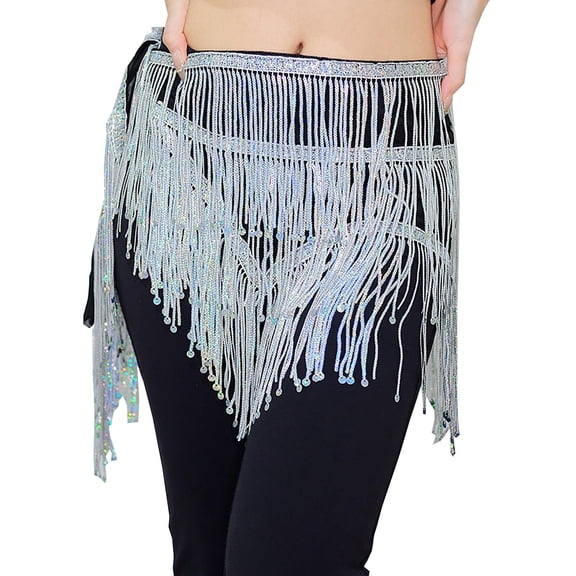 Sequin Tassel Hip Scarf Skirts Womens Sparkly Glitter Fringe Triangle Wrap Skirts Belly Dance Waist Chain Belt White, Free Size