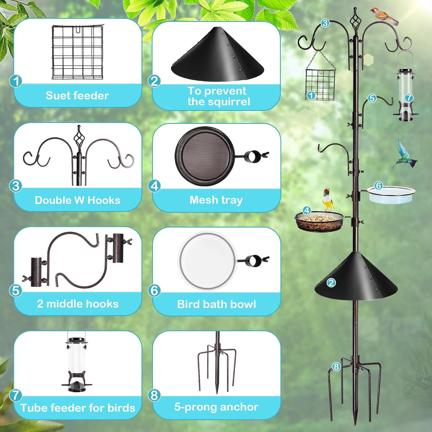 Bird Feeding Station Kit, 87 Inches Bird Feeder Pole, Premium Feeder Hanging Kit with Metal Suet, Water Bowl, Mesh Tray and Squirrel Baffle