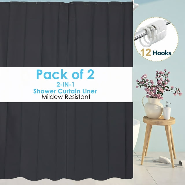 Dznils Cortina de Ducha Extra Larga de PEVA Negra con Ganchos Resistente a los Hongos, 70" Ancho x 78" Alto, Paquete de 2