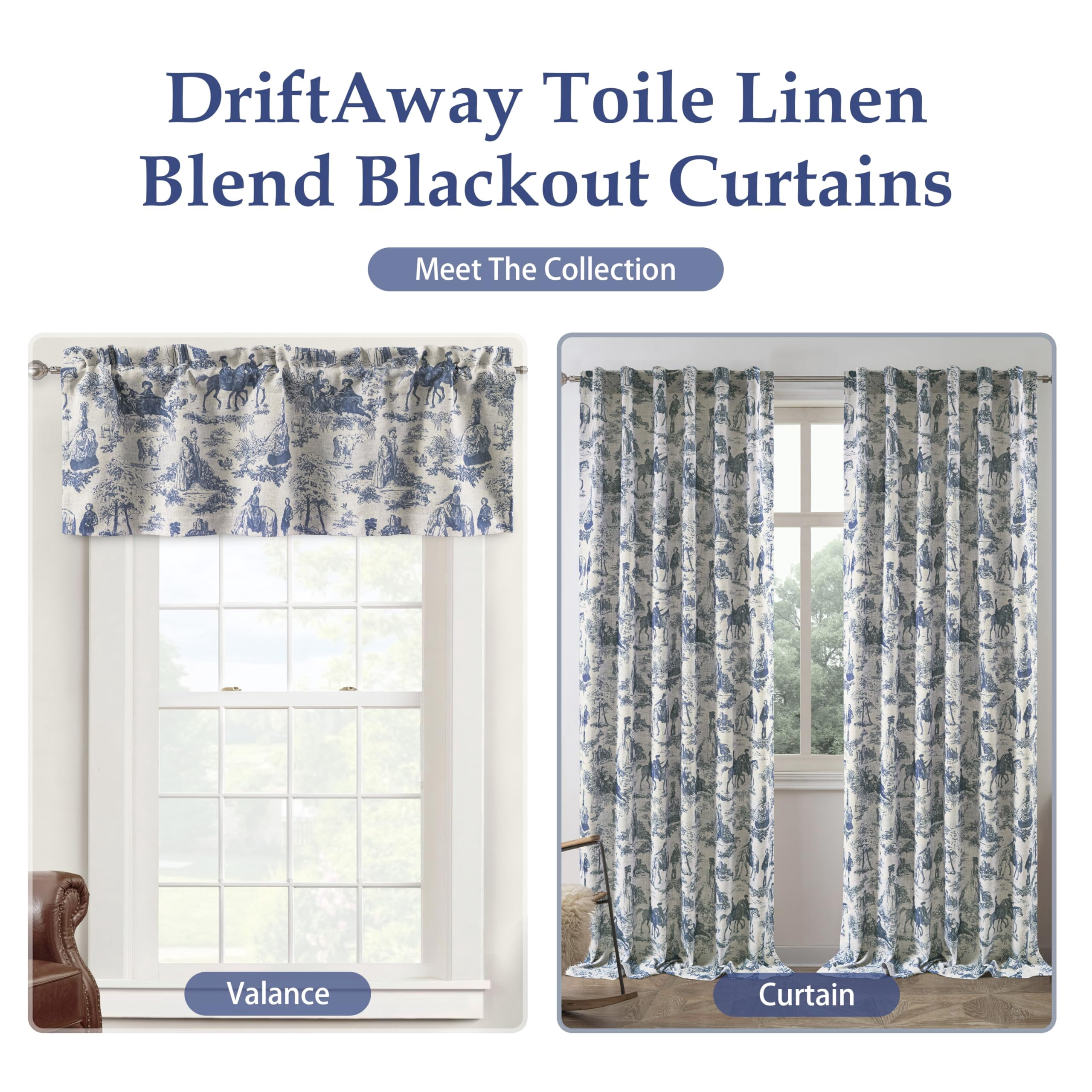 DriftAway Toile Linen Lined Valance Double Layer Thermal Room Darkening Blackout Window Valance Curtain for Kitchen Bathroom Farmhouse French Country Vintage Printed Pattern Single 52 x 18 Inch Navy